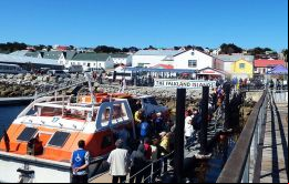 El muelle oficial de Stanley en un día de plena temporada con gran movimiento de visitantes de los cruceros 