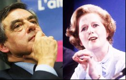 Tan conocida es la iración de François Fillon por Margaret Thatcher, que fue caricaturizaado así en un fotomontaje de una revista sa