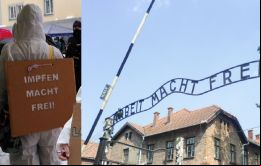 Impfung macht frei (la vacunación te hará libre), parafraseando la entrada de Auschwitz